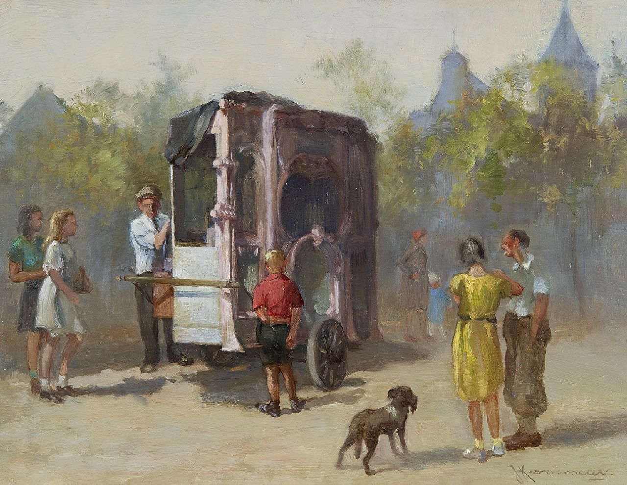 Johan Hendrik Kaemmerer | The street organ, oil on panel, 21.6 x 27.8 cm, signed l.r.