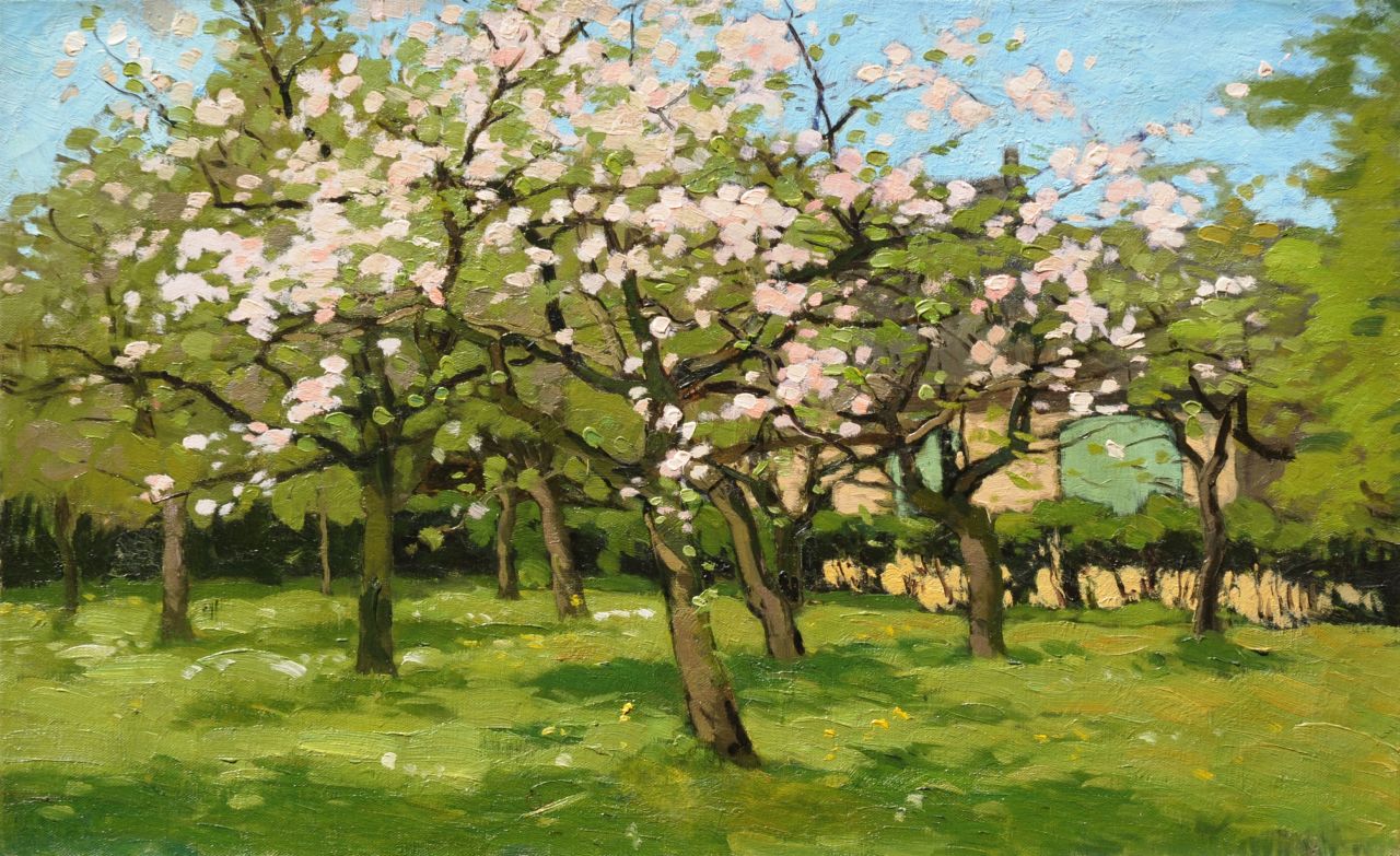 Wiggers D.  | Dirk 'Derk' Wiggers, An orchard in spring, oil on canvas 38.8 x 61.6 cm