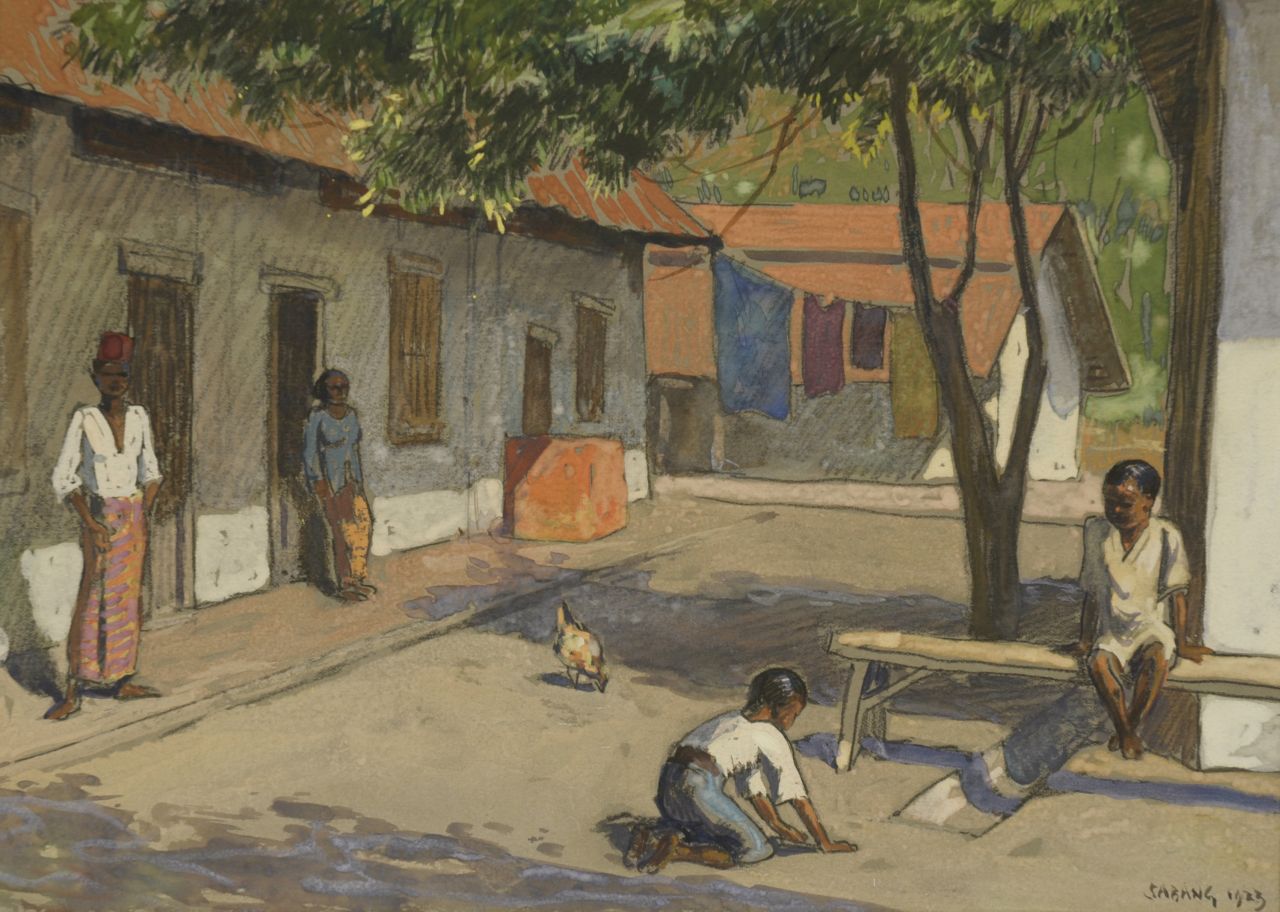 Sluiter J.W.  | Jan Willem 'Willy' Sluiter, A street in Sabang, charcoal and watercolour on paper 24.0 x 34.3 cm, dated 'Sabang' 1923 r.o.