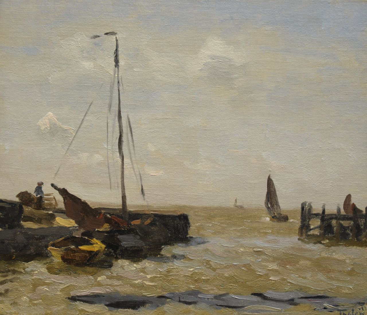 Tholen W.B.  | Willem Bastiaan Tholen, Harbour along the Zuiderzee, oil on canvas laid down on panel 27.5 x 32.1 cm, signed l.r.