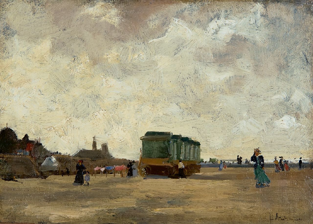 Arntzenius P.F.N.J.  | Pieter Florentius Nicolaas Jacobus 'Floris' Arntzenius | Paintings offered for sale | A windy day on the beach of Scheveningen, oil on canvas laid down on panel 23.1 x 33.5 cm, signed l.r.