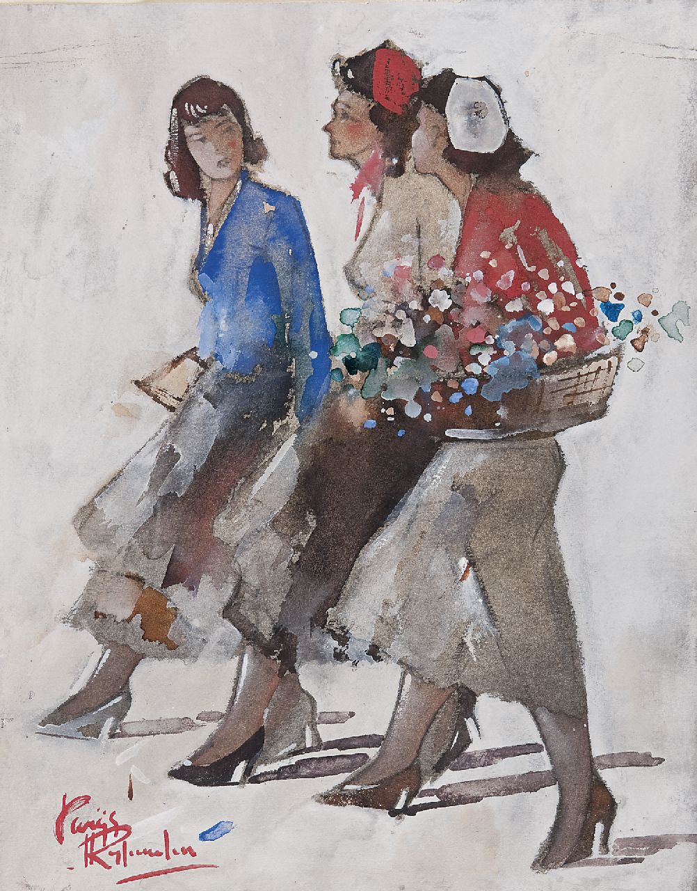 Rijlaarsdam J.  | Jan Rijlaarsdam, Three young women, Paris, gouache on paper 34.1 x 26.9 cm, signed l.l.