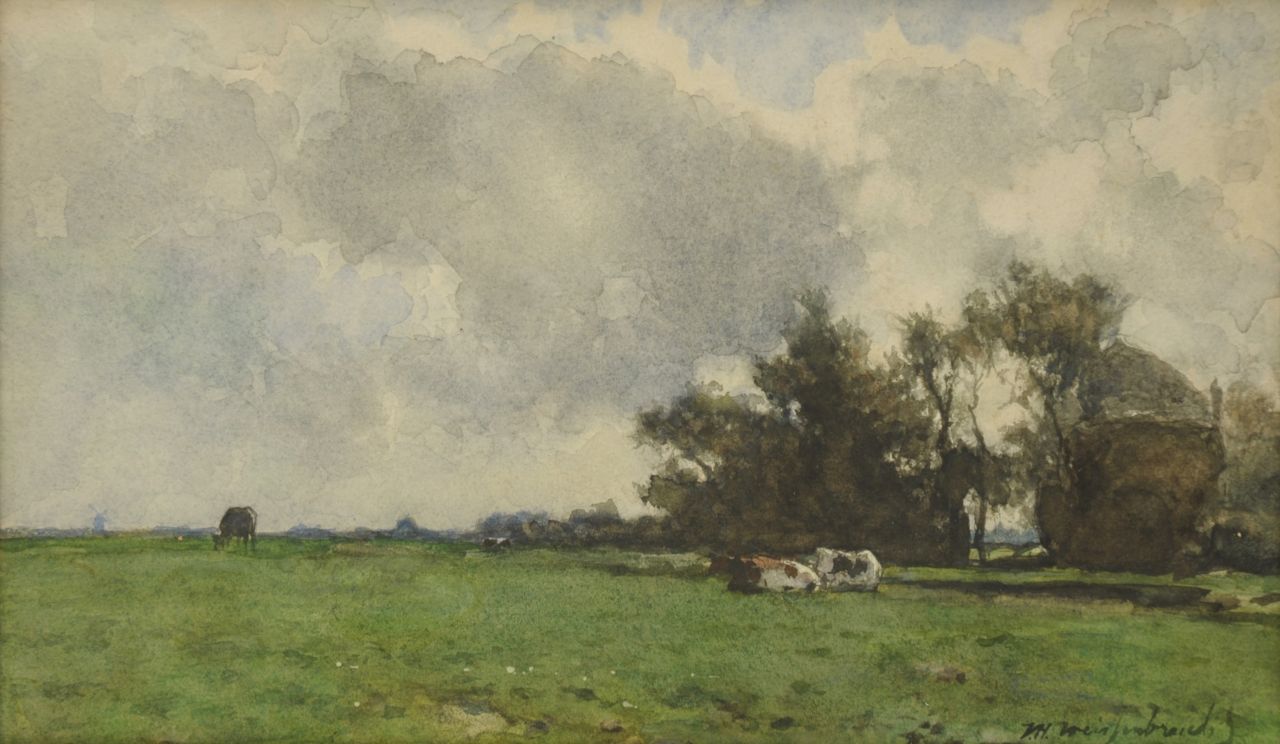 Weissenbruch H.J.  | Hendrik Johannes 'J.H.' Weissenbruch, Cows resting in a meadow near a haystack, watercolour and gouache on paper 22.3 x 36.8 cm, signed l.r.