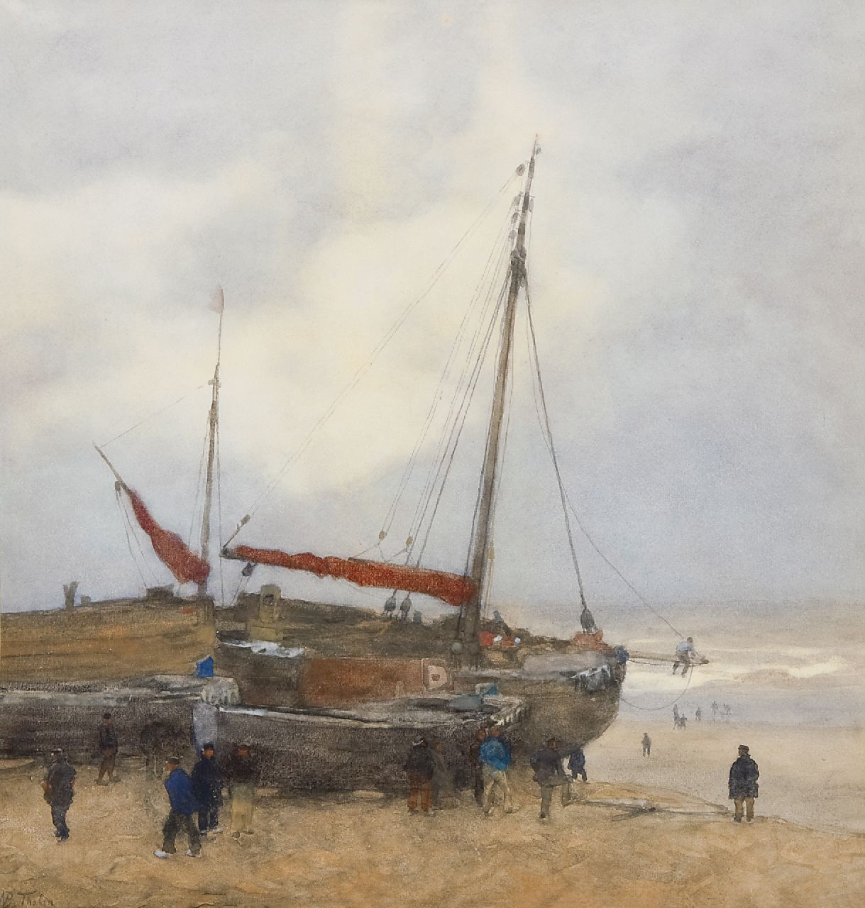 Tholen W.B.  | Willem Bastiaan Tholen | Watercolours and drawings offered for sale | Fishing boats on the beach at Scheveningen, watercolour and gouache on paper 55.0 x 52.0 cm, signed l.l.