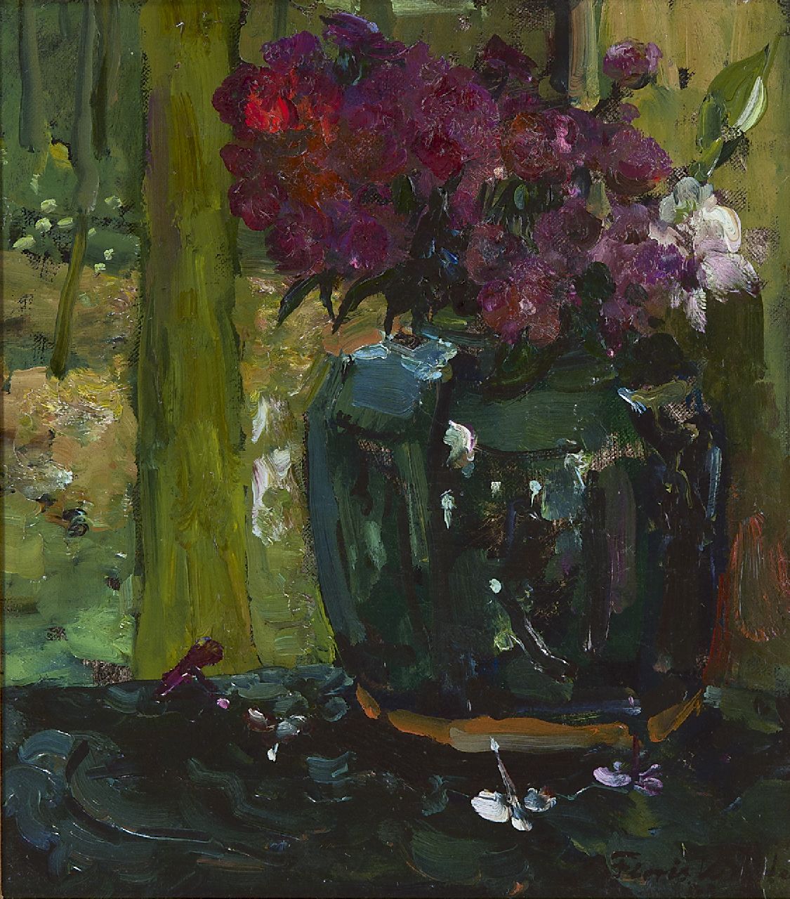 Verster van Wulverhorst (Floris Verster) F.H.  | Floris Hendrik Verster van Wulverhorst (Floris Verster), Ginger jar with climbing roses and phloxes, oil on canvas 28.6 x 25.7 cm, signed l.r. and dated '09