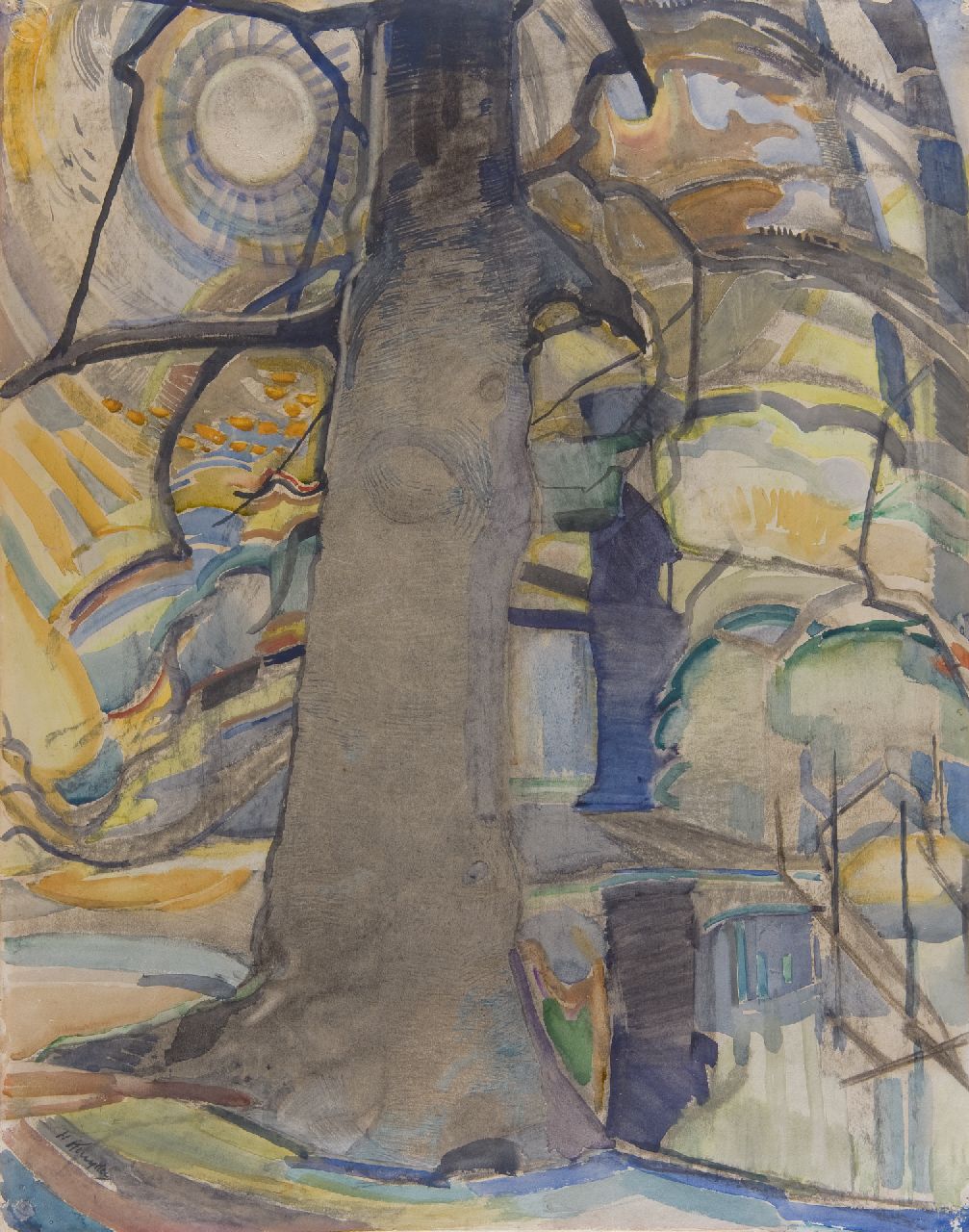 Kruyder H.J.  | 'Herman' Justus Kruyder, The beech tree, chalk and watercolour on paper 63.1 x 49.5 cm, signed l.l. and executed ca. 1917-1918