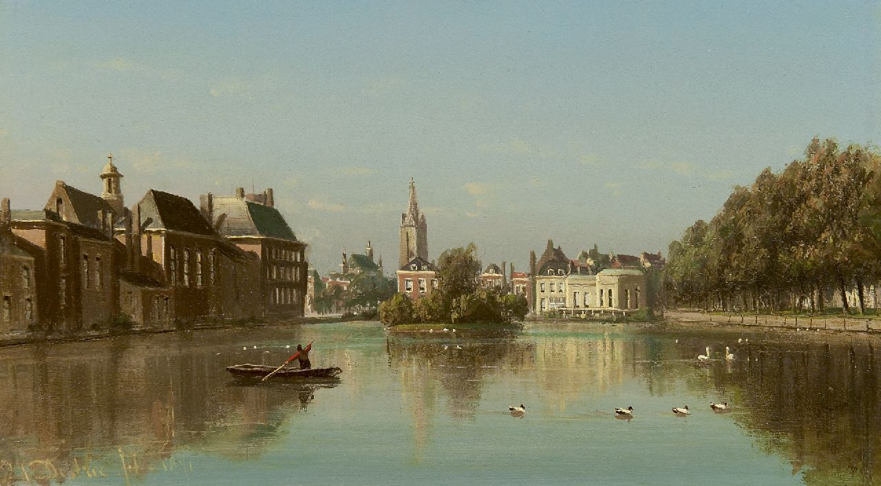 Destrée J.J.  | Johannes Josephus Destrée, The Hofvijver, The Hague, oil on panel 19.6 x 33.9 cm, signed l.l. and dated 1871