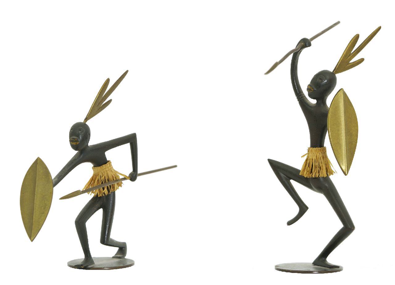 Werkstätte Hagenauer Wien | Two African warriors, dancing, bronze, straw, 14.5 x 15.0 cm
