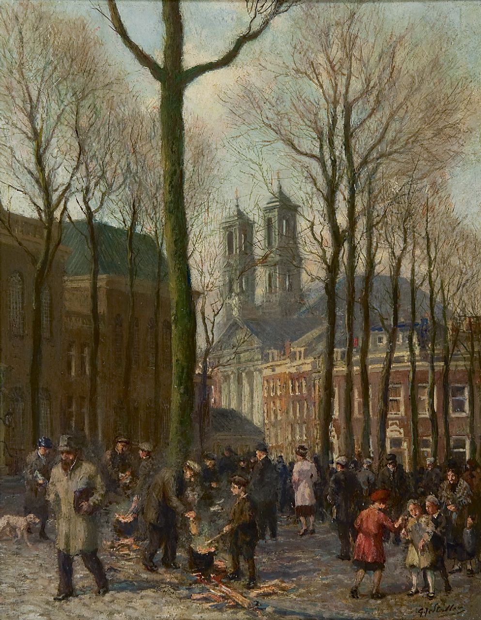 Staller G.J.  | Gerard Johan Staller, A view of the Jonas Daniël Meijerplein (near the Waterlooplein) in Amsterdam, oil on panel 24.5 x 18.9 cm, signed l.r.