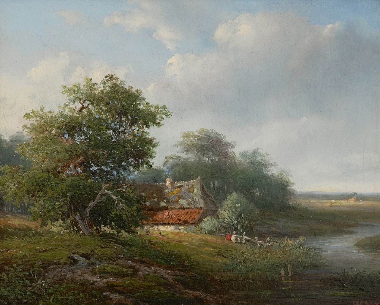 Vester W.  | Willem Vester | Paintings offered for sale | Summerlandscape with farmstead, oil on panel 22.0 x 27.3 cm, signed l.r. with initials and dated 1850