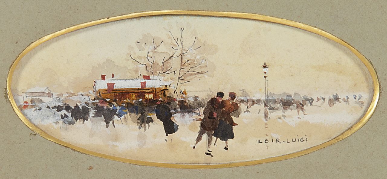 Loir A.F.J.  | Aloys François Joseph 'Luigi' Loir, Ice scaters in Bois de Boulogne, pencil, ink, watercolour and gouache on paper 3.8 x 9.3 cm, signed l.r.