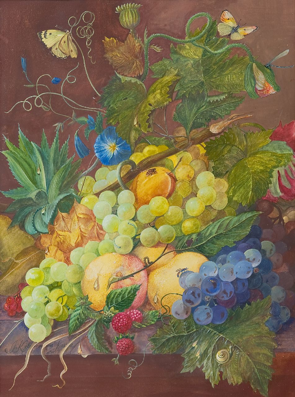 Keldermans J.  | J. Keldermans | Watercolours and drawings offered for sale | A still life with flowers and fruit, gouache on paper 43.2 x 32.0 cm, signed l.l. and dated 18(?)2