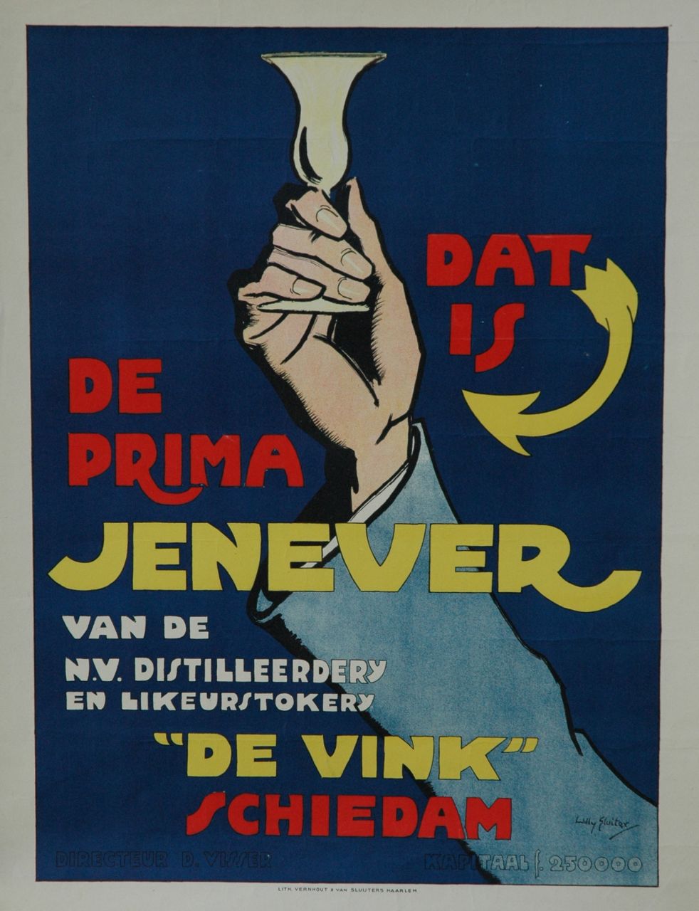 Sluiter J.W.  | Jan Willem 'Willy' Sluiter, Poster 'Dat is de prima Jenever van 'De Vink' Schiedam', colour lithograph poster 45.5 x 58.0 cm, signed l.r. on the stone