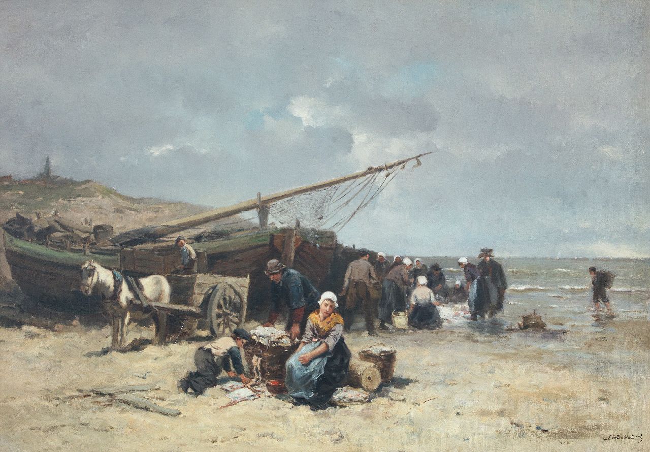 Kate J.M. ten | Johannes Marius ten Kate | Paintings offered for sale | Selling fish on the beach of Scheveningen, oil on canvas 50.5 x 73.5 cm, signed l.r.