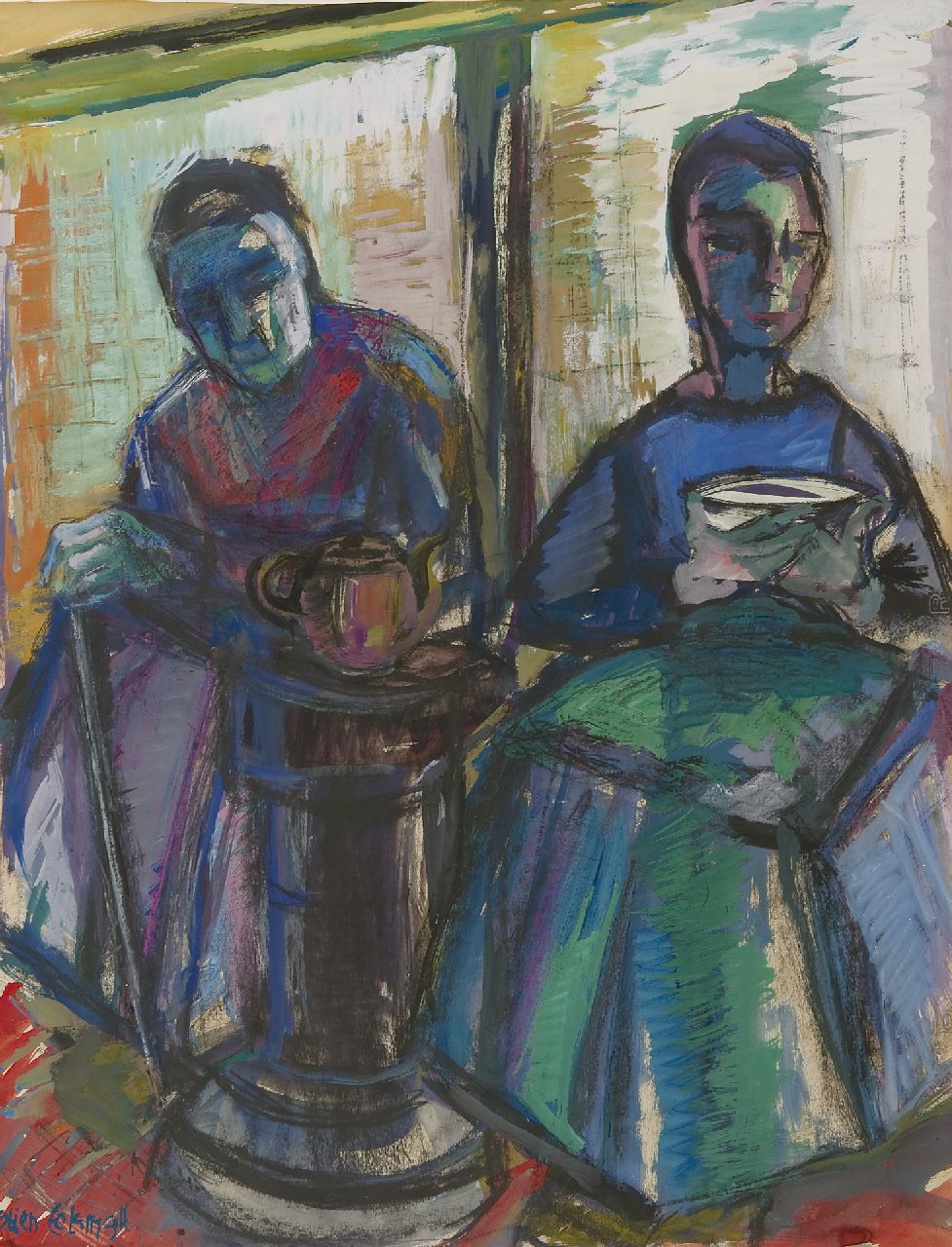 Eelsingh C.  | Christiana 'Stien' Eelsingh, Women near the stove, Staphorst, black chalk and gouache on paper 64.3 x 49.2 cm, signed l.l. and painted 1950-1955