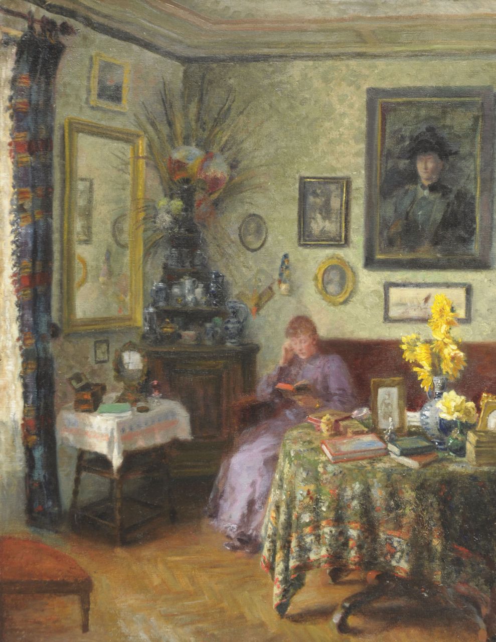 Hollandse School, begin 20e eeuw | Interior with woman reading, oil on canvas, 85.4 x 66.4 cm