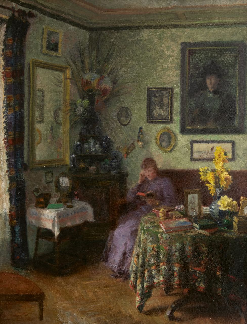 Hollandse School, begin 20e eeuw   | Hollandse School, begin 20e eeuw | Paintings offered for sale | Interior with woman reading, oil on canvas 85.4 x 66.4 cm