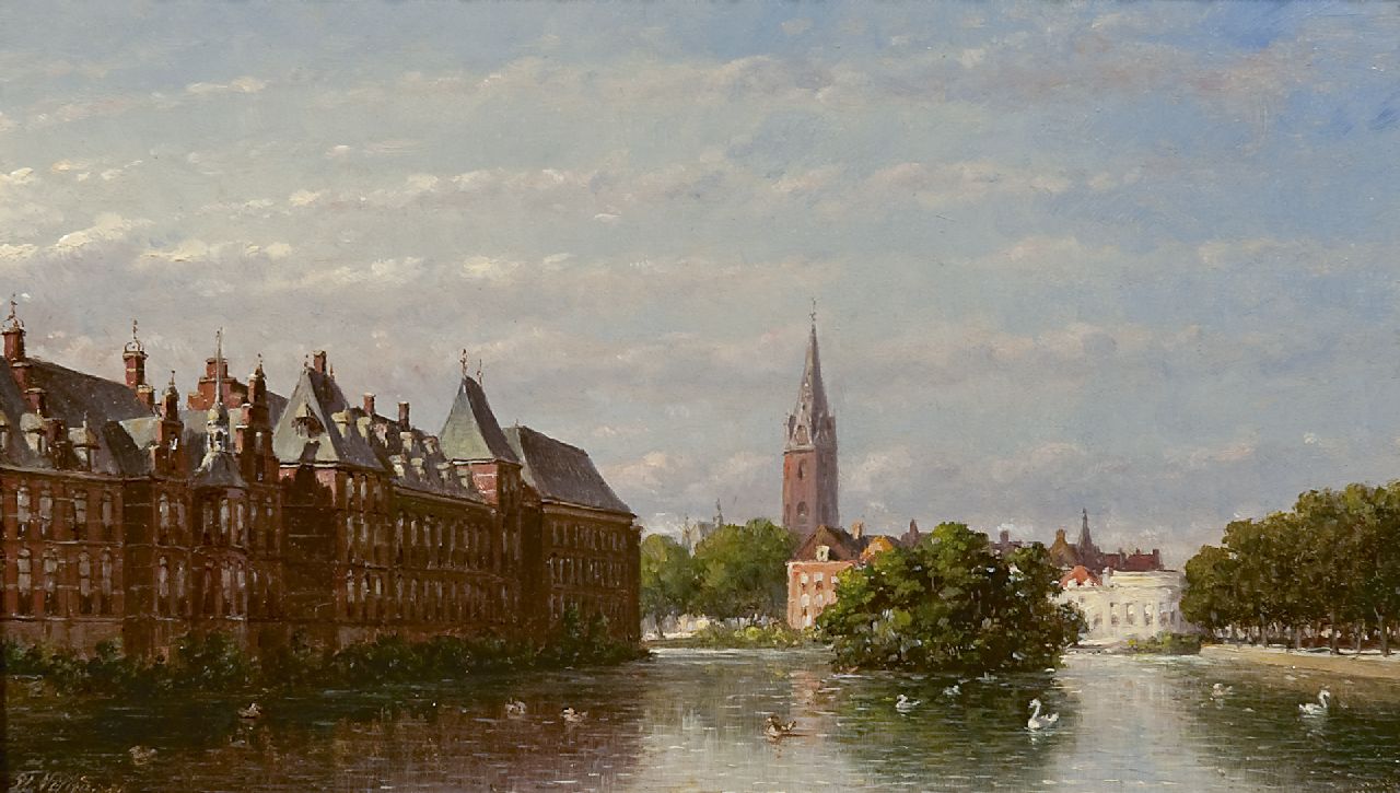 Vertin P.G.  | Petrus Gerardus Vertin, The Hofvijver and the Binnenhof, The Hague, oil on panel 18.4 x 31.9 cm, signed l.l. and dated '86