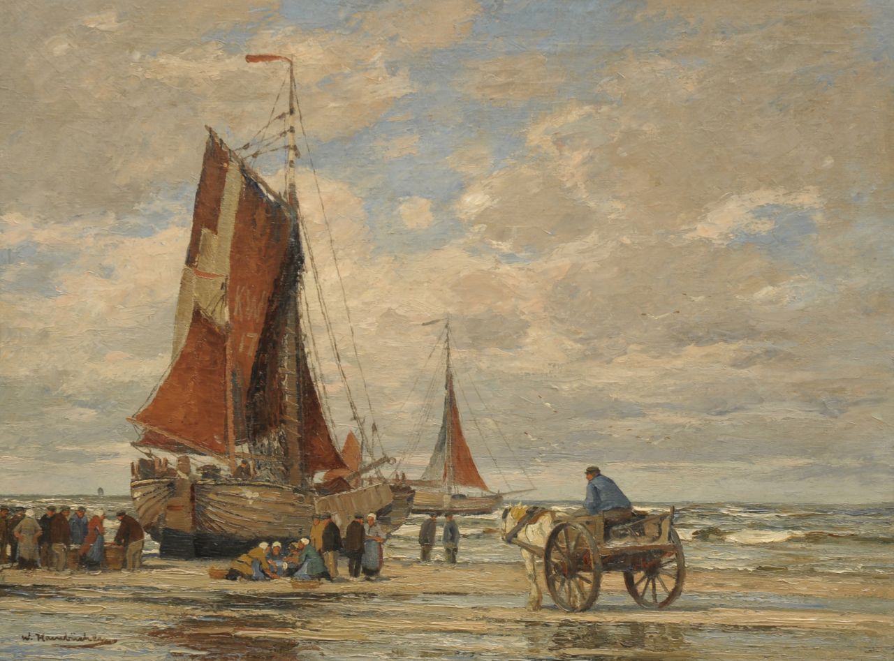 Hambüchen W.  | Wilhelm Hambüchen, Selling the catch, Katwijk, oil on canvas 60.6 x 80.4 cm, signed l.l.