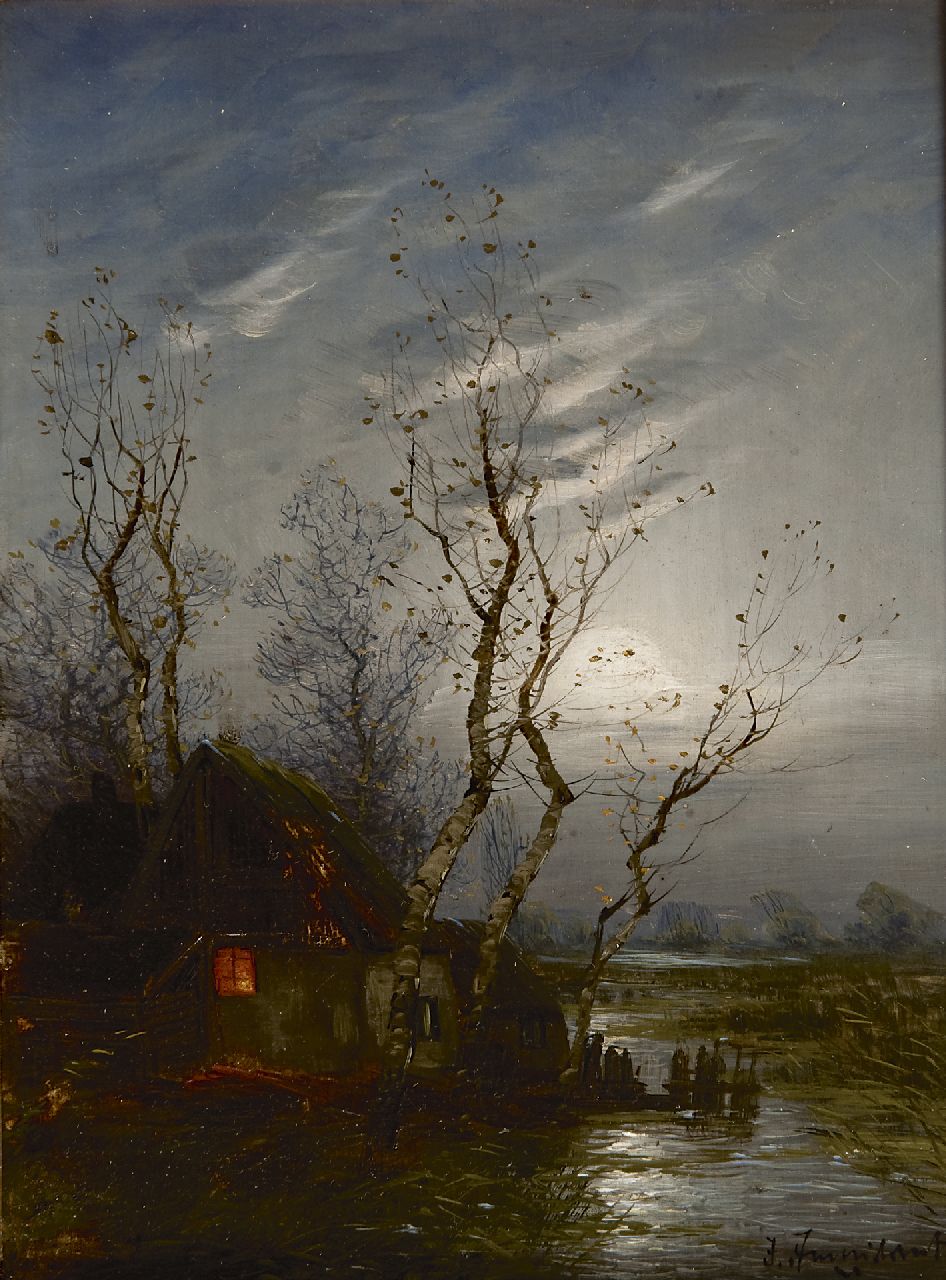 Jungblut J.  | Johann Jungblut, Polder farm by moonlight, oil on panel 24.0 x 17.7 cm, signed l.r.