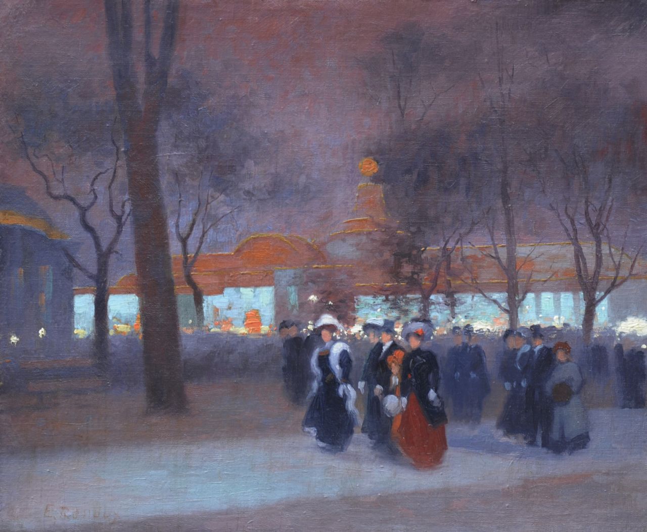 Renoux J.E.  | Jules Ernest Renoux, Paris at night, oil on canvas laid down on board 46.4 x 55.6 cm, signed l.l.