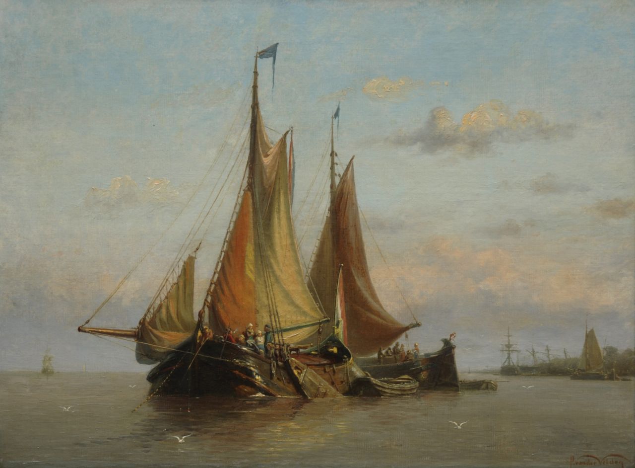 Velden P. van der | Petrus van der Velden, Moored sailing ships, oil on canvas 40.1 x 54.1 cm, signed l.r.