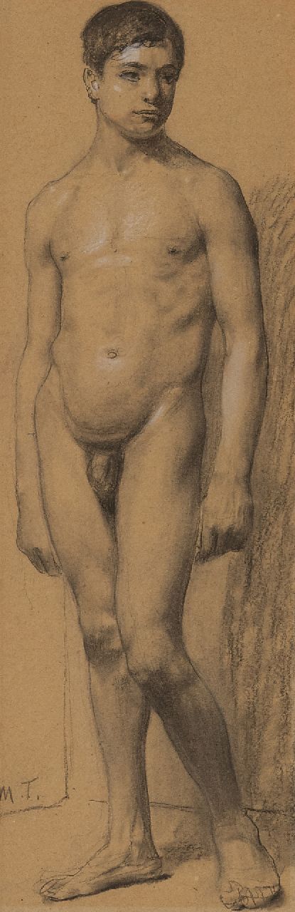 Thedy M.E.G.  | Maximilian Eduard Gallus 'Max' Thedy | Watercolours and drawings offered for sale | An academy study, charcoal and chalk on paper 33.6 x 11.1 cm, signed l.l. with initials