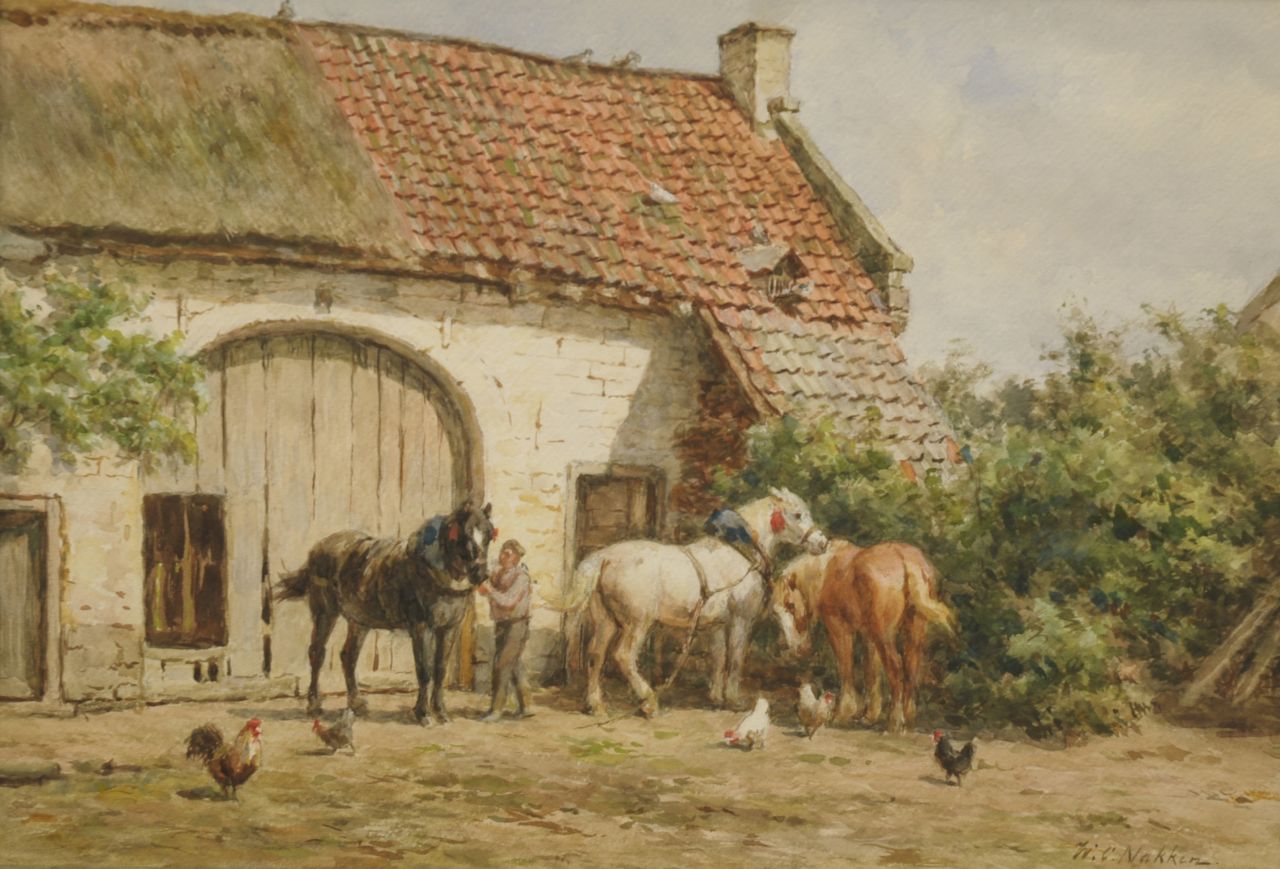 Nakken W.K.  | Willem Karel 'W.C.' Nakken, Harnessing up the horses, chalk and watercolour on paper 37.5 x 54.5 cm, signed l.r.
