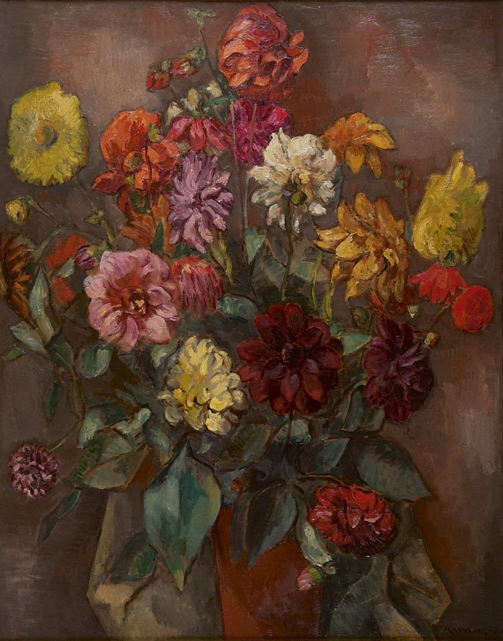 Wiegman M.J.M.  | Mattheus Johannes Marie 'Matthieu' Wiegman, A flower still life with dahlias, oil on canvas 92.7 x 73.3 cm, signed l.r.