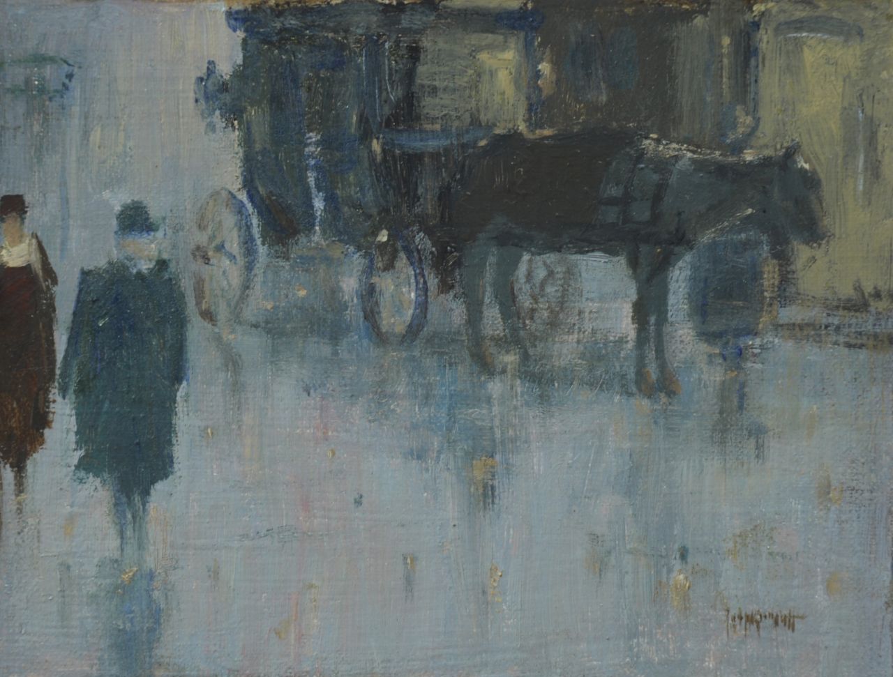 Kropff J.  | Johan 'Joop' Kropff, Waiting for passengers, oil on canvas laid down on panel 18.4 x 23.8 cm, signed l.r.
