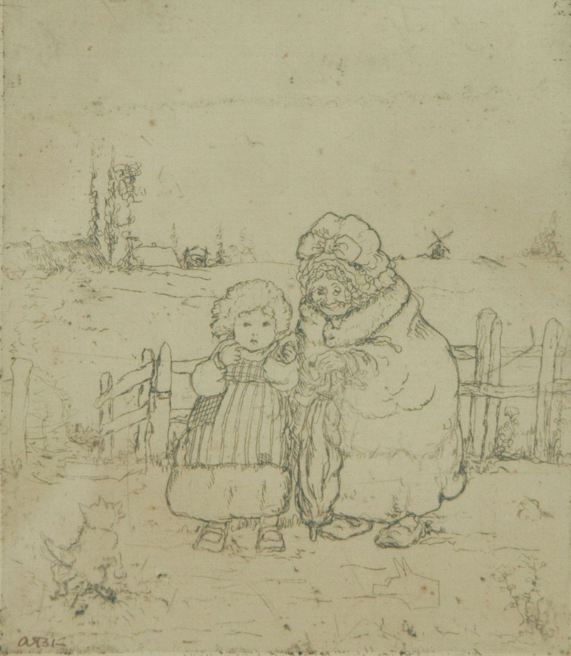 Klinkhamer A.  | Adrienne Klinkhamer, Grandmother and child, etching on paper 12.3 x 10.6 cm, signed l.l. with initials (in pen)