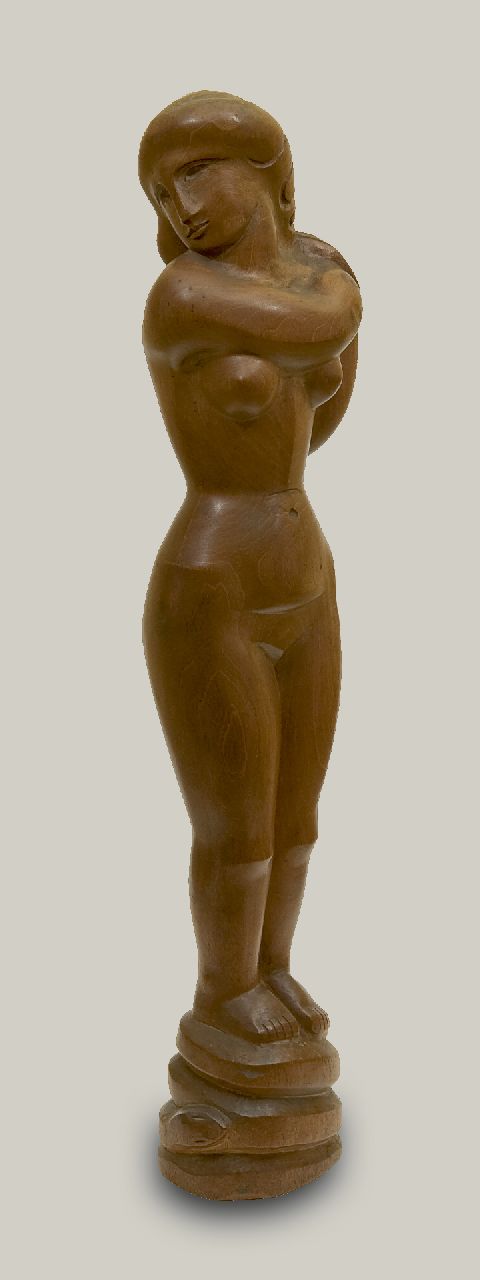 Klaassen P.H.  | Petronella Hélène 'Nel' Klaassen, Eve standing on a snake, wood 52.6 x 12.2 cm, signed with monogram on bottom side and to be dated ca. 1928