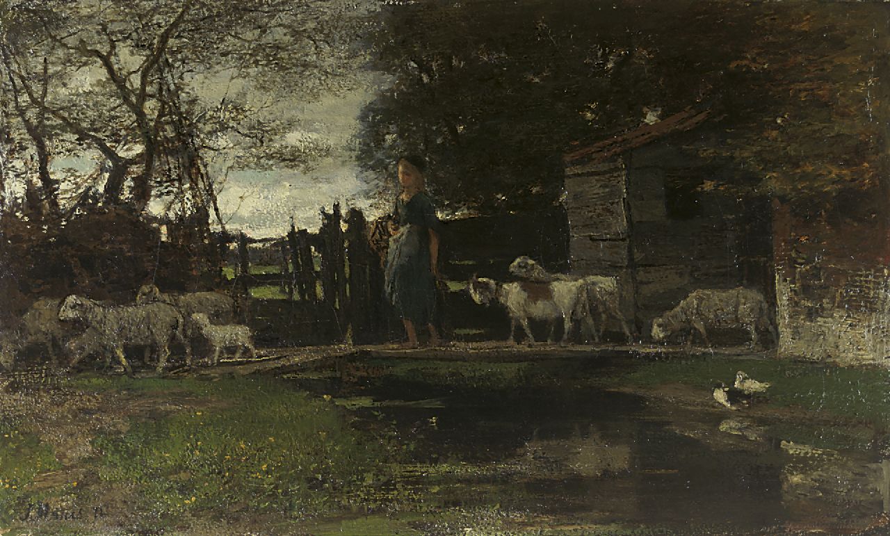 Maris J.H.  | Jacobus Hendricus 'Jacob' Maris, Shepherdess with her flock, oil on canvas 23.8 x 37.8 cm, signed l.l. and dated '72