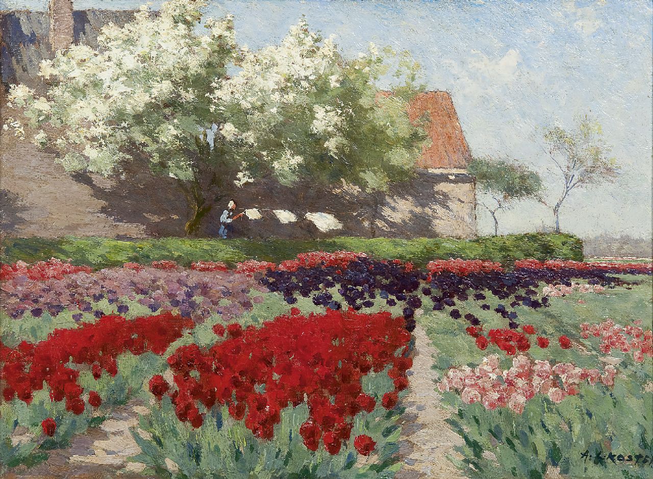 Koster A.L.  | Anton Louis 'Anton L.' Koster, Tulips and fruit trees in bloom, oil on canvas 32.6 x 43.4 cm, signed l.r.