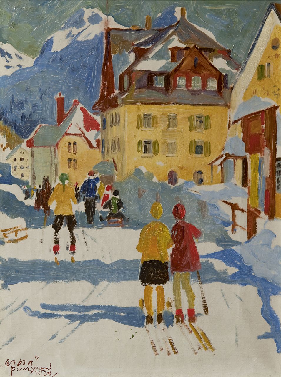 Vlijmen B.A.I.G. van | Bernardus Alphonsus Ignatius Gerardus 'Bernard' van Vlijmen, Skiing in Arosa, oil on canvas 40.7 x 31.0 cm, signed l.l. and dated 1924