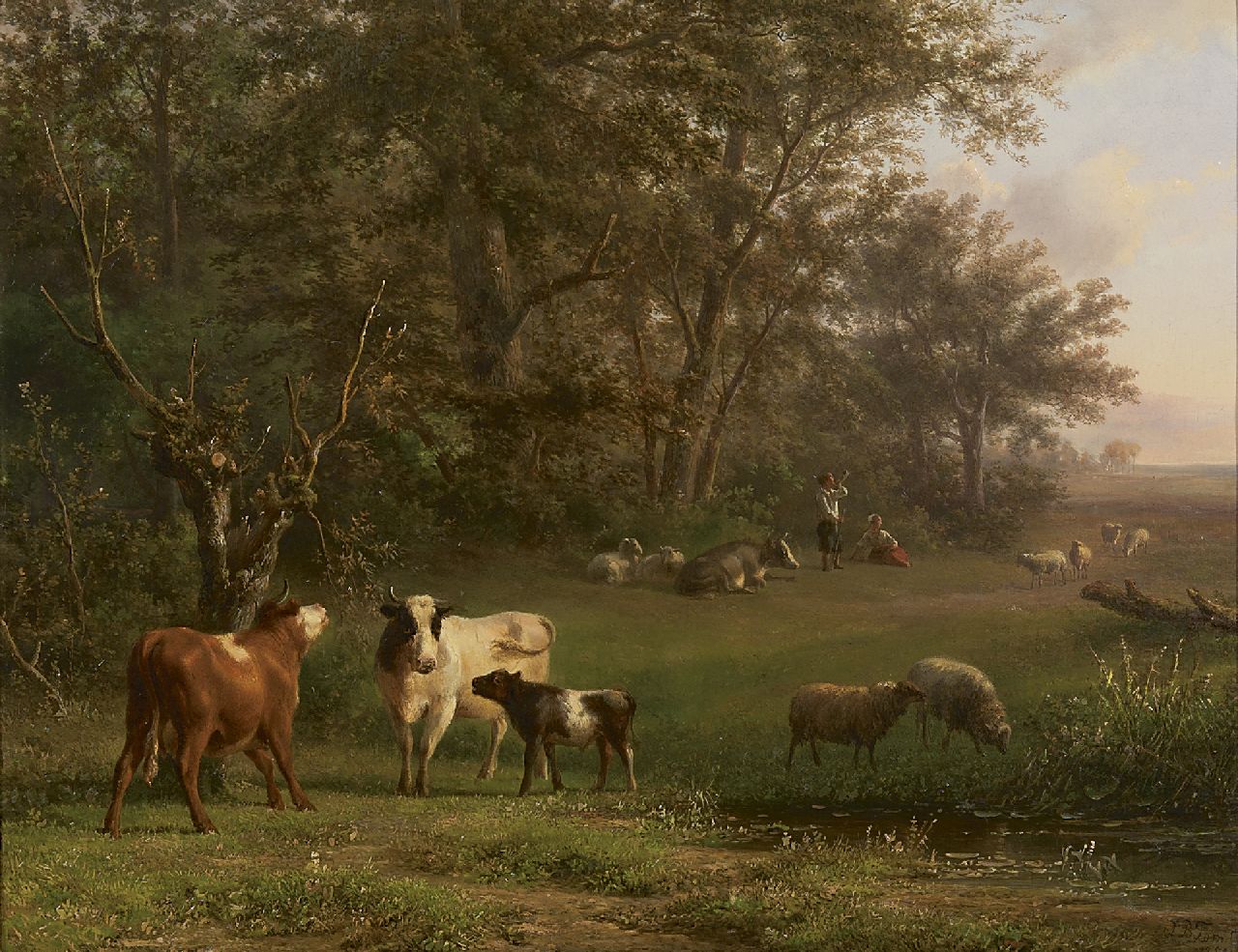 Tom J.B.  | Jan Bedijs Tom, Shepherds with cattle near a stream, oil on panel 41.2 x 52.4 cm, signed l.r. and dated 1858