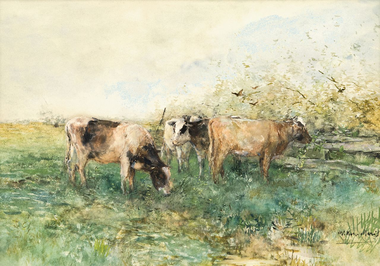 Maris W.  | Willem Maris | Watercolours and drawings offered for sale | Grazing cattle, watercolour and gouache on paper 41.4 x 57.8 cm, signed l.r.