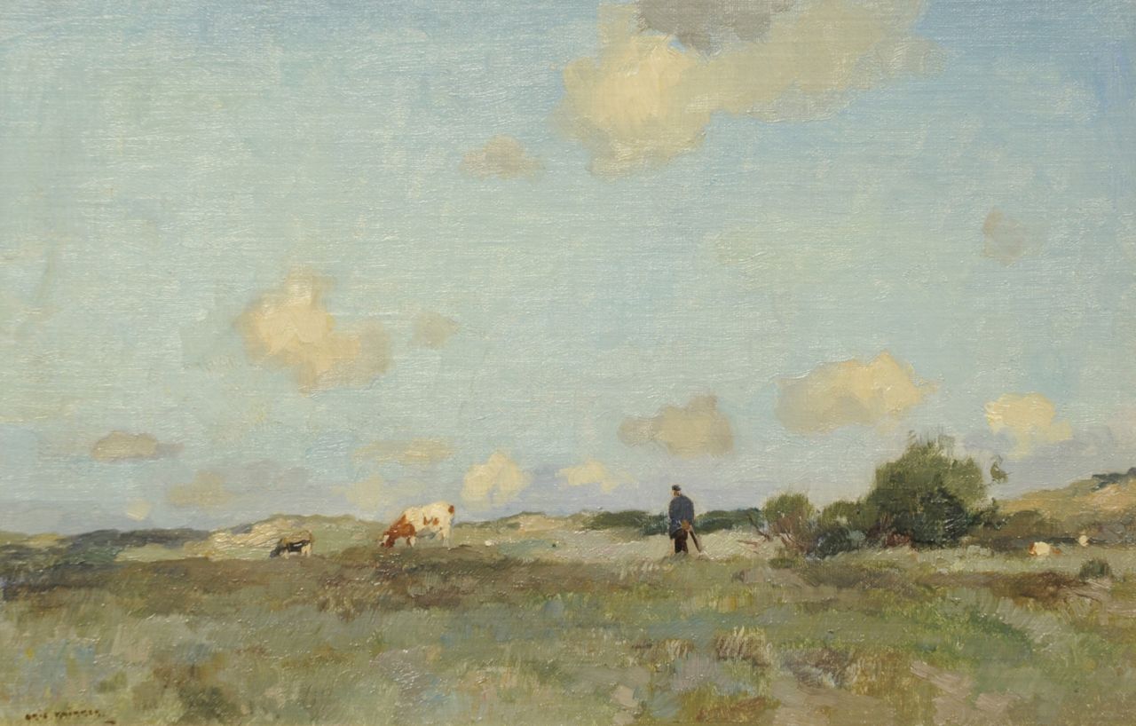 Knikker A.  | Aris Knikker, A farmer with grazing cattle in the dunes, oil on canvas laid down on board 24.0 x 36.5 cm, signed l.l. and painted ca. 1920