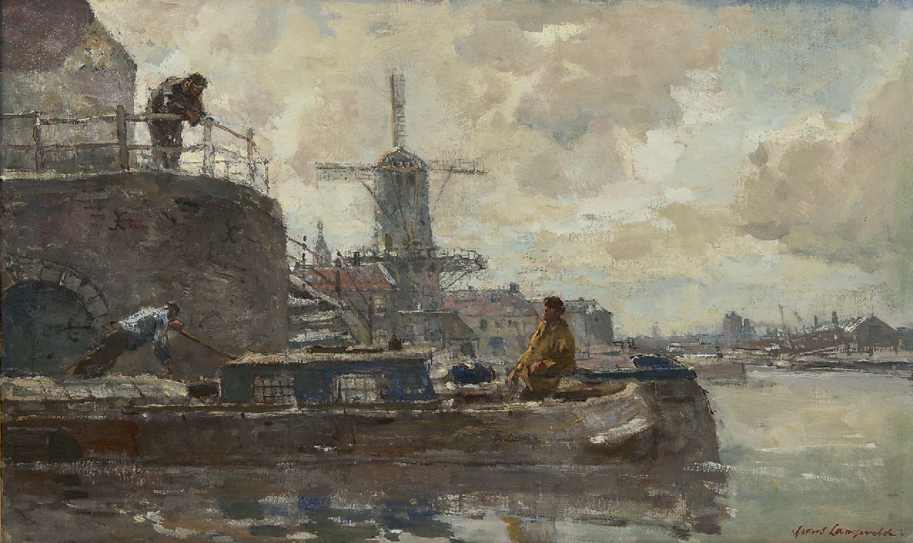 Langeveld F.A.  | Franciscus Arnoldus 'Frans' Langeveld | Paintings offered for sale | Windmill along the water, Amsterdam, oil on canvas 48.3 x 80.2 cm, signed l.r.