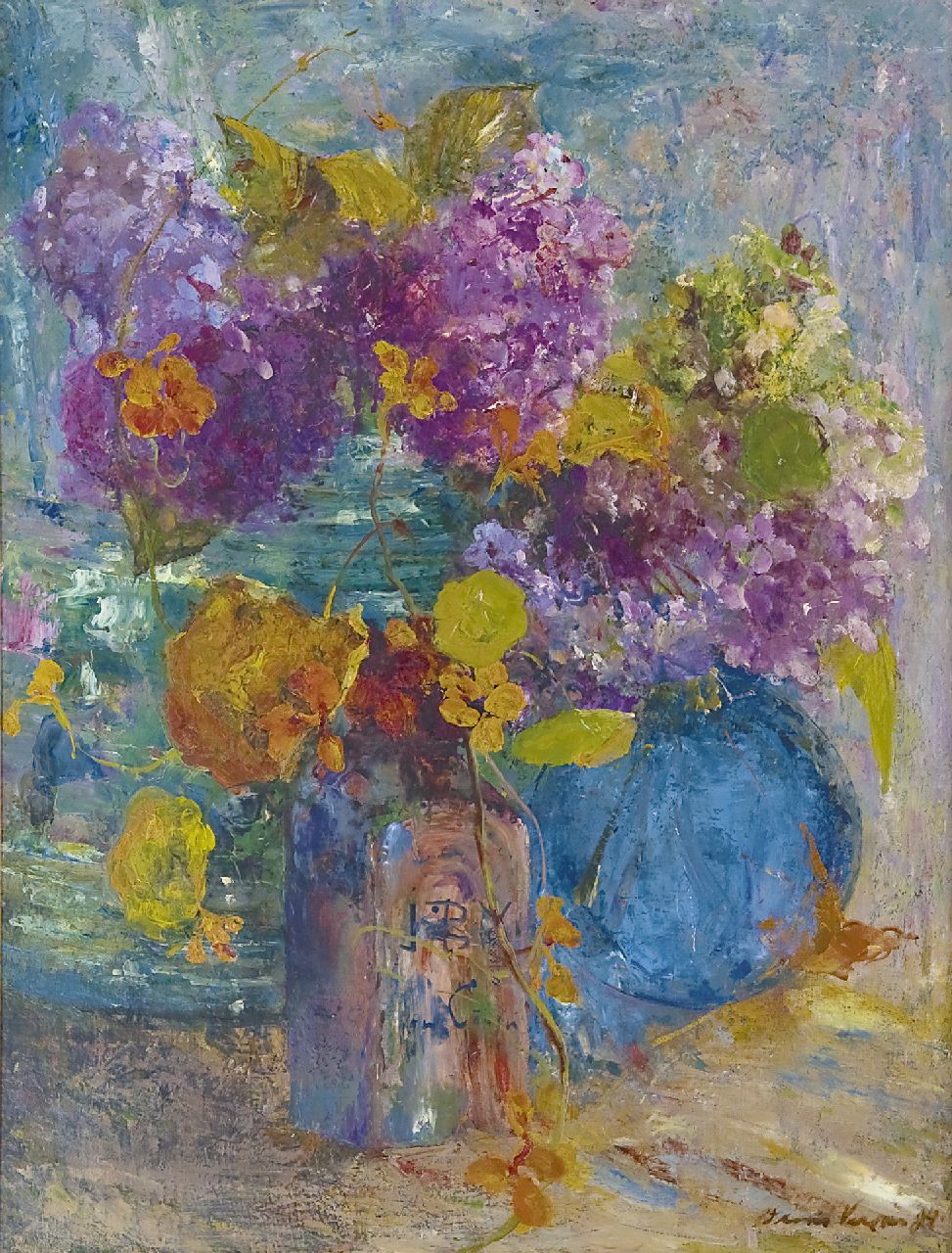 Verster van Wulverhorst (Floris Verster) F.H.  | Floris Hendrik Verster van Wulverhorst (Floris Verster), Glass vases with nasturtium and hortensias, oil on canvas 73.7 x 56.5 cm, signed l.r. and dated '94