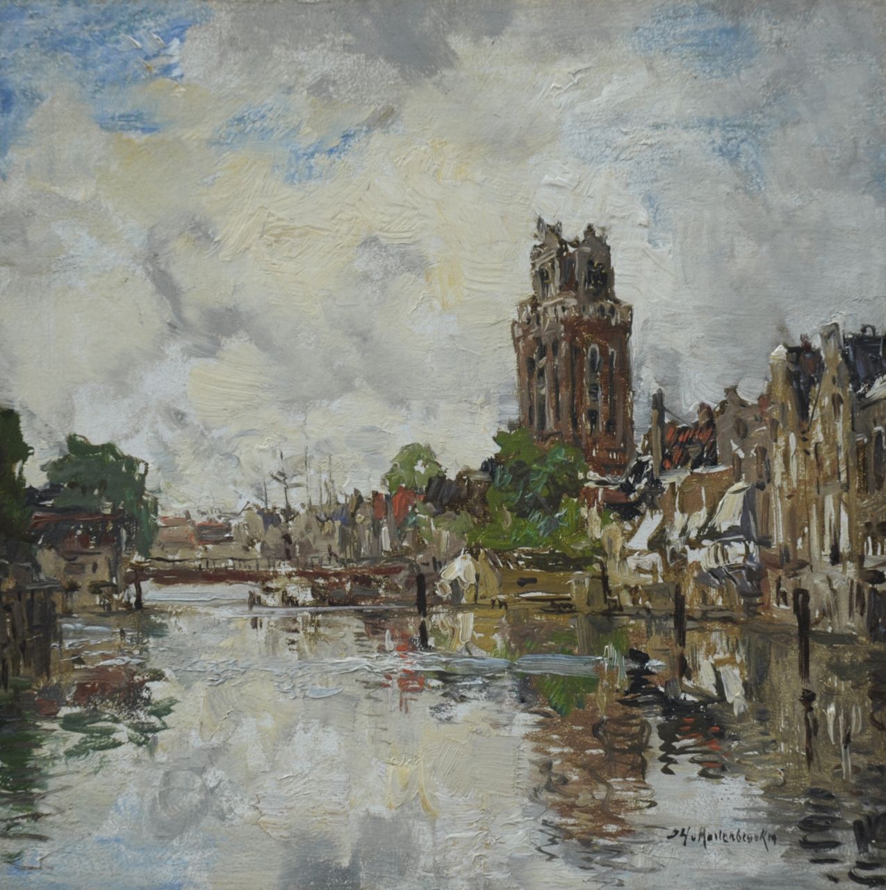Mastenbroek J.H. van | Johan Hendrik van Mastenbroek, A harbour in Dordrecht with the tower of the Grote Kerk, oil on panel 15.8 x 16.0 cm, signed l.r.