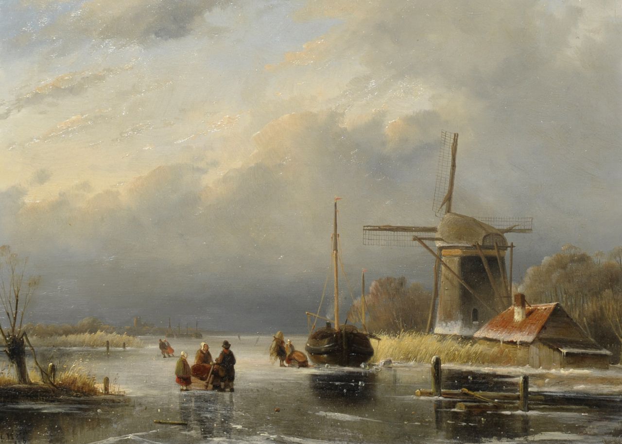 Hoen C.P. 't | Cornelis Petrus 't Hoen, A winter landscape with skaters by a windmill, oil on panel 32.0 x 43.5 cm, signed l.l. and dated 1846