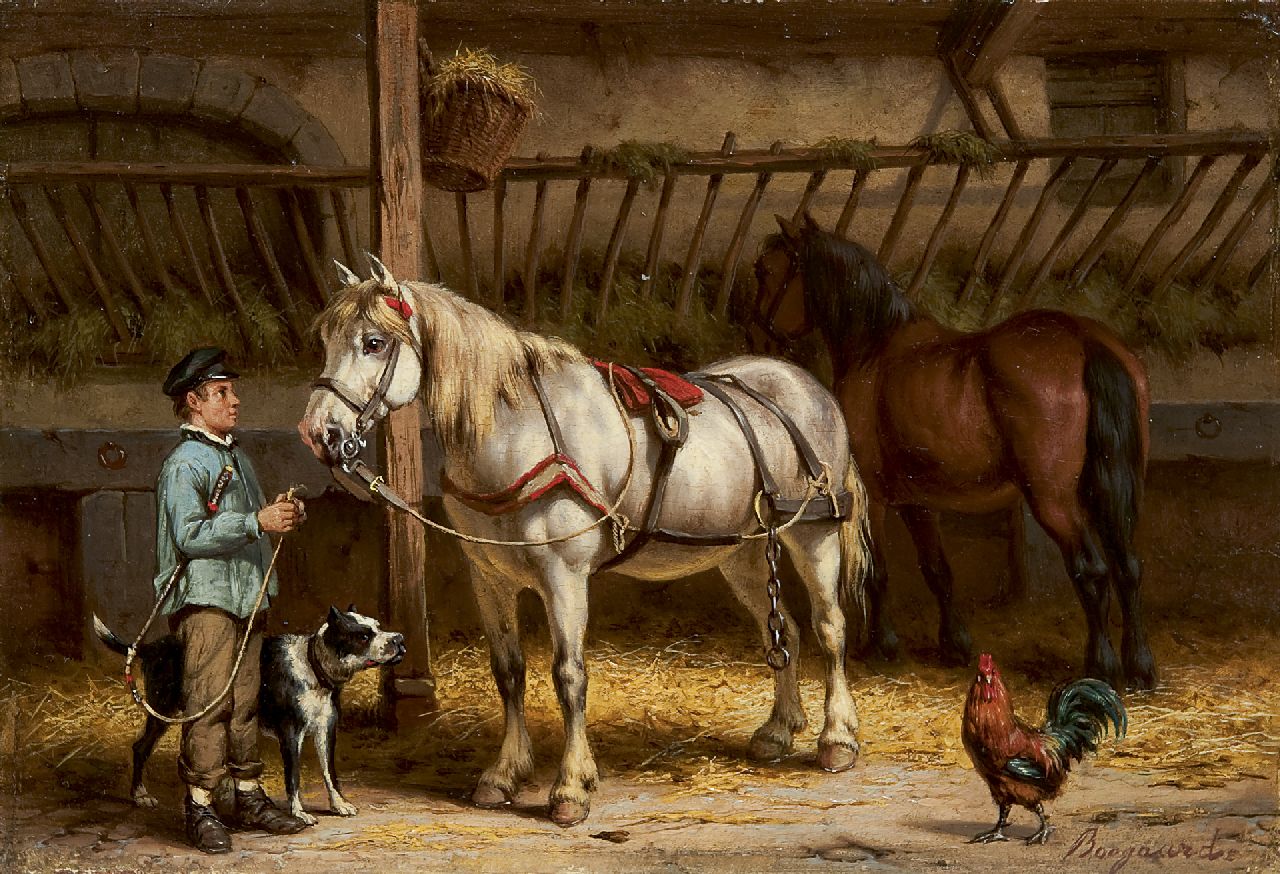 Boogaard W.J.  | Willem Johan Boogaard, A farm hand with a horse, oil on panel 17.2 x 24.8 cm, signed l.r.