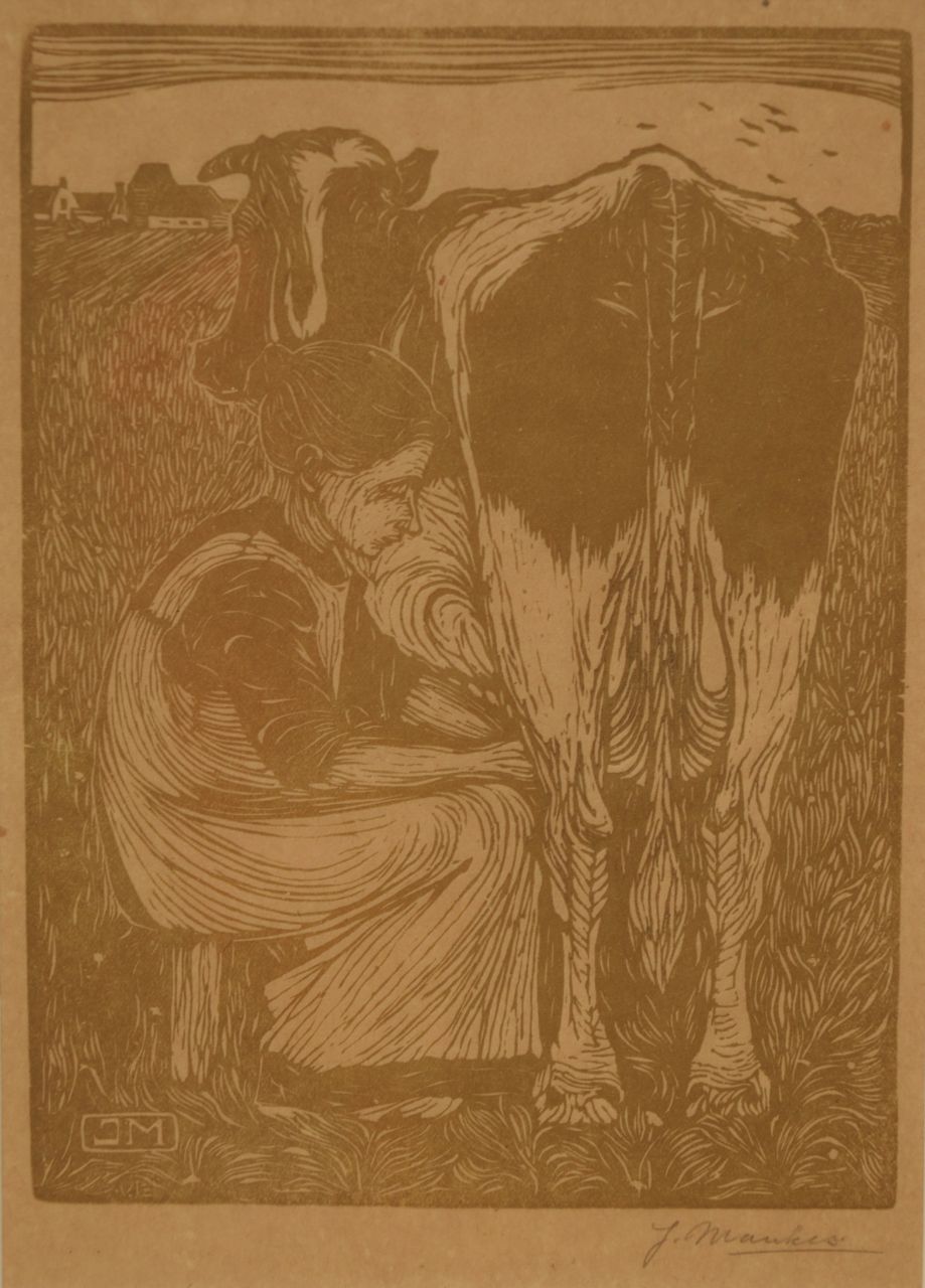 Mankes J.  | Jan Mankes | Prints and Multiples offered for sale | Milking time, woodcut on paper 19.1 x 14.2 cm, signed l.r. in full (in pencil) and w. mon. in the block