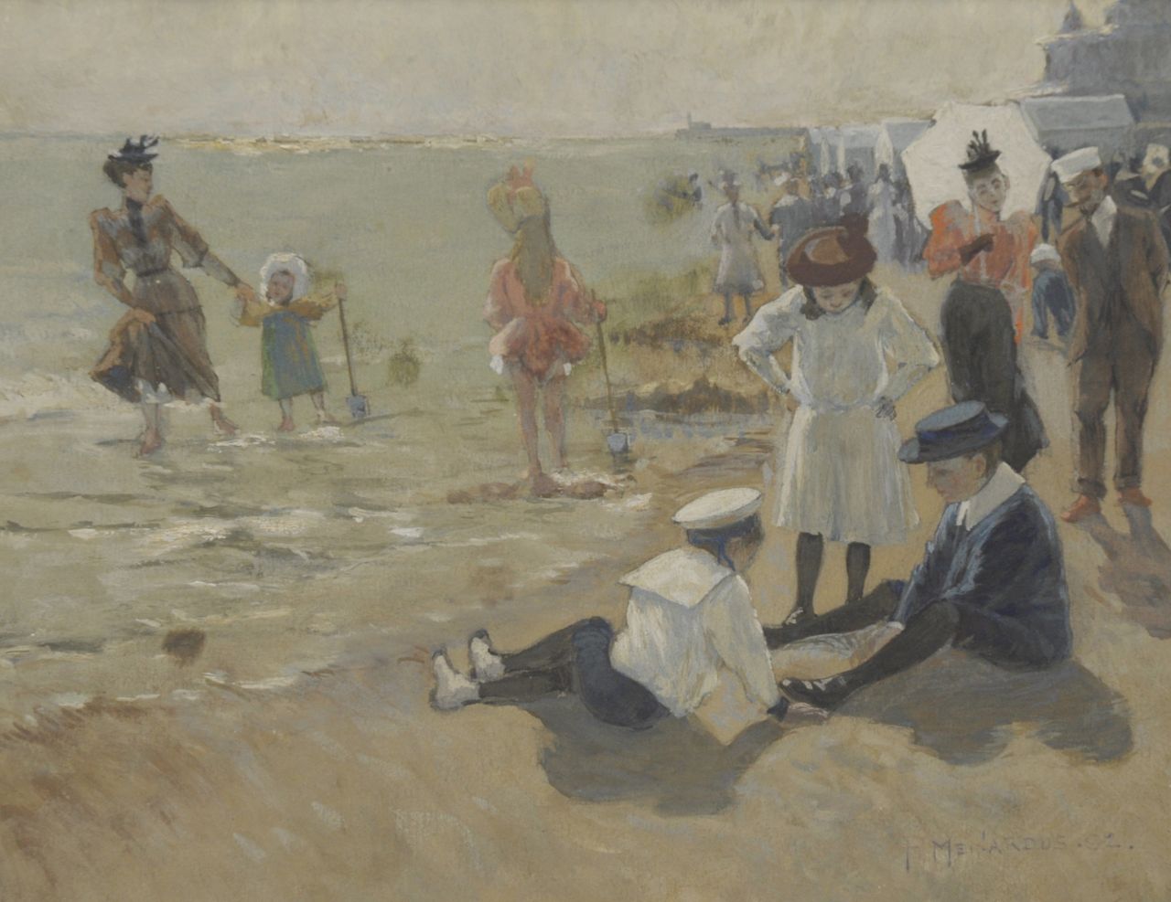 Meinardus P.  | P. Meinardus, At the beach of Scheveningen, gouache on paper 20.1 x 25.8 cm, signed l.r. and dated '92