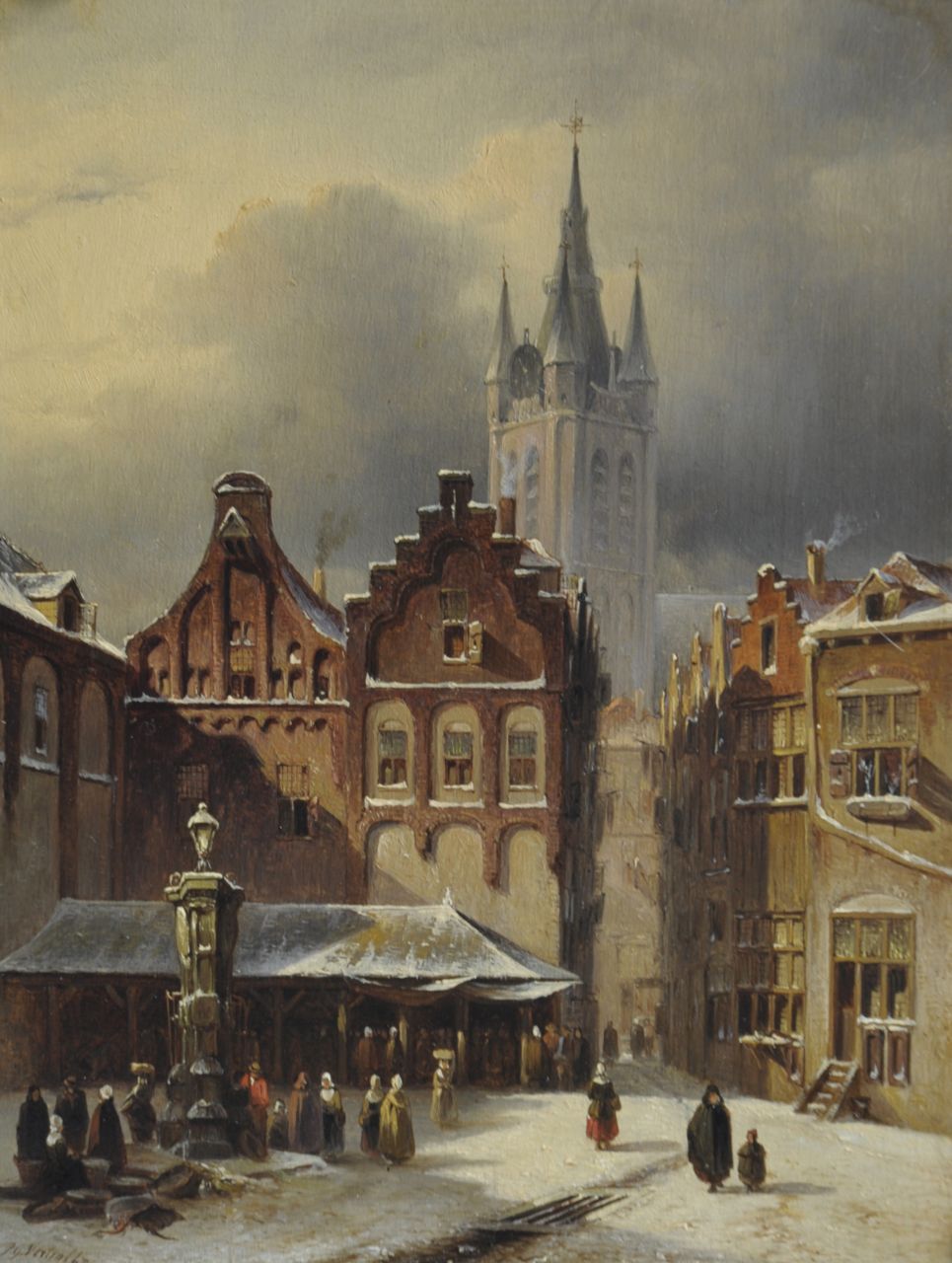 Vertin P.G.  | Petrus Gerardus Vertin, A town view in winter with the Oude Kerk of Delft, oil on panel 24.8 x 18.9 cm, signed l.l. and dated '47