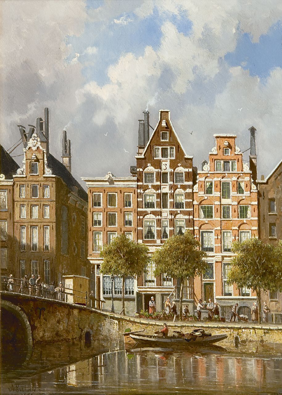Eversen A.  | Adrianus Eversen, A view on the Nieuwezijds Voorburgwal, Amsterdam, oil on panel 37.3 x 26.6 cm, signed l.l. and dated 1882