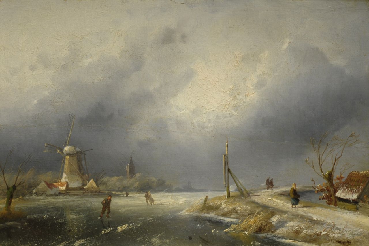 Leickert C.H.J.  | 'Charles' Henri Joseph Leickert, Winterlandscape with mill, oil on panel 21.5 x 32.0 cm, signed l.l.