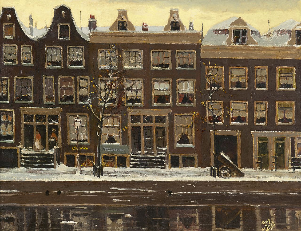 Jongh M.J. de | Martinus Johannes 'Tinus' de Jongh, Canal houses in Amsterdam in winter, oil on board 43.9 x 57.4 cm, signed l.r.