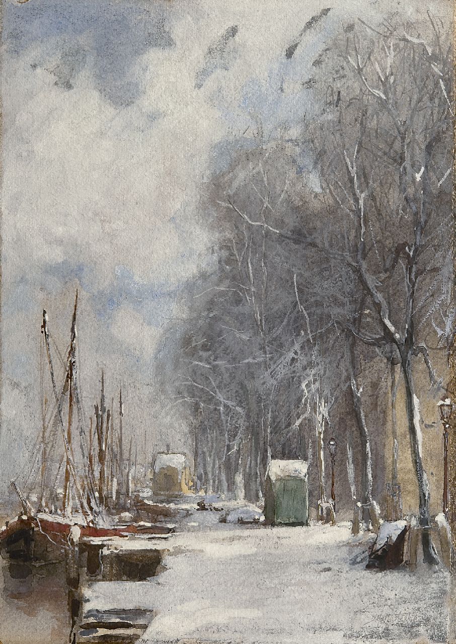 Mastenbroek J.H. van | Johan Hendrik van Mastenbroek, The Wijnhaven, Rotterdam, in winter, watercolour and gouache on paper 34.0 x 23.9 cm, signed l.r.